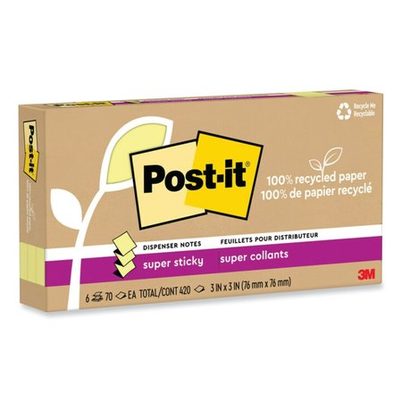 Post It Notes Super Sticky 100% Recycled Paper Super Sticky Notes, 3 x 3, Canary Yellow, 70 Sheets/Pad, 6PK 70007079778